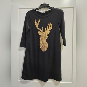 Holiday Black Dress with Gold Deer Design, Millon BullPup Brand, Size Small